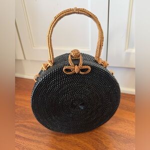Poppy & Sage Milly Rattan Straw Round Black Crossbody Bag, Handmade Handbag